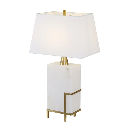 Large White Alabaster and Brass Table Lamp with Tapered Shade
