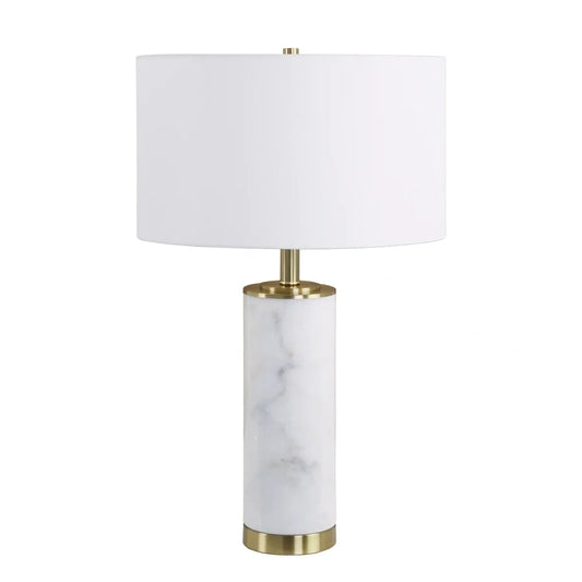 Large White Marble and Brass Table Lamp with Drum Shade