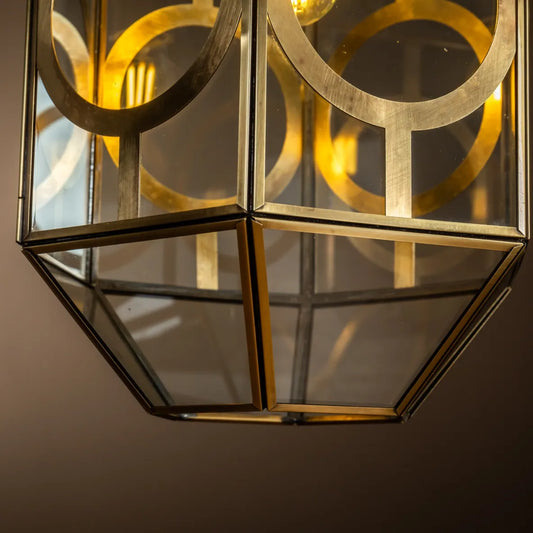 close up of brass pendant light