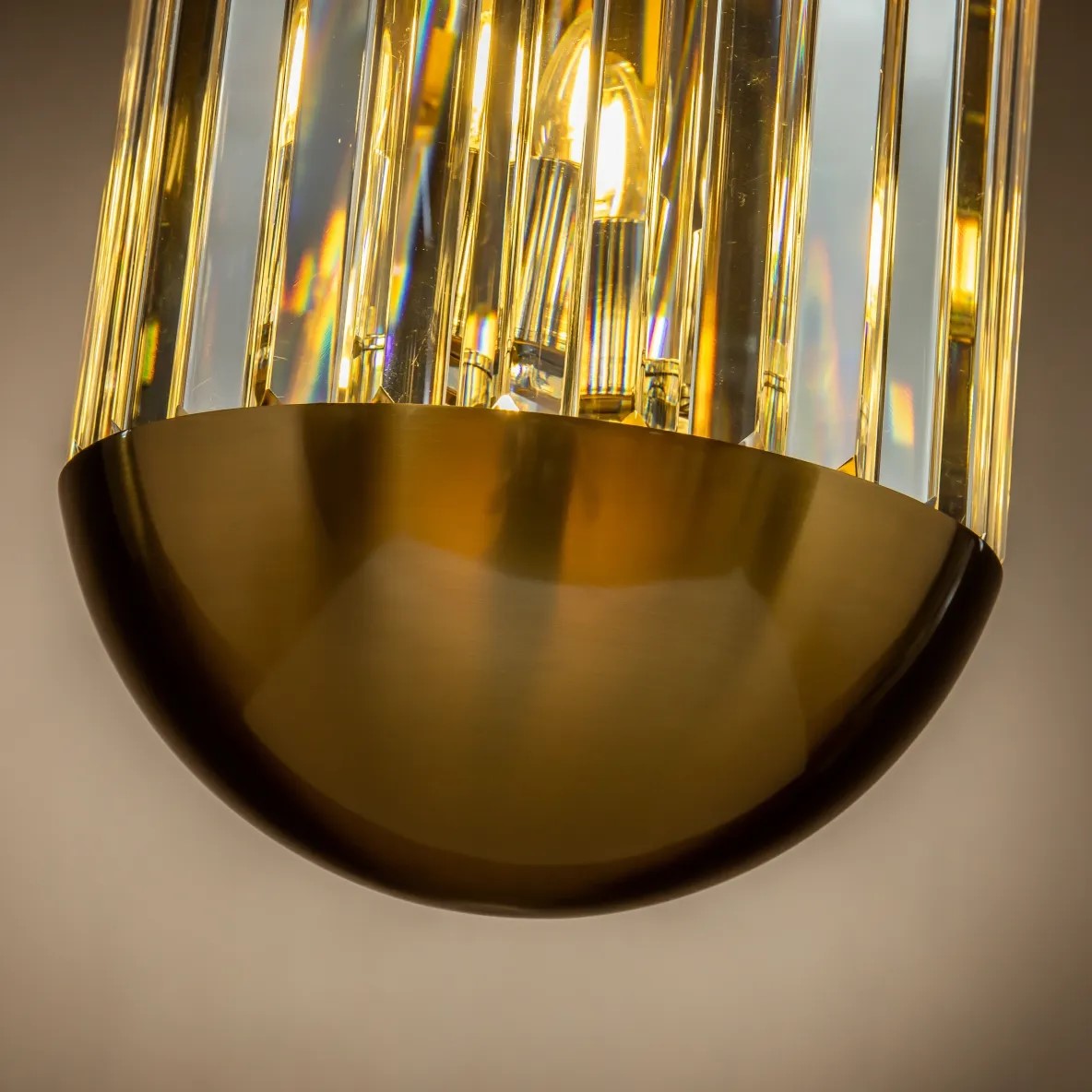 close up of bottom of brass pendant light