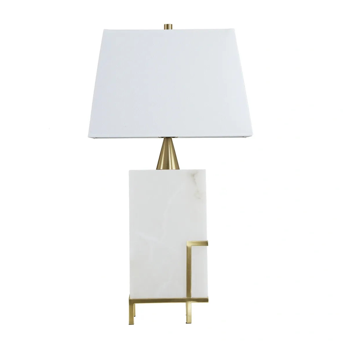Large White Alabaster and Brass Table Lamp with Tapered Shade