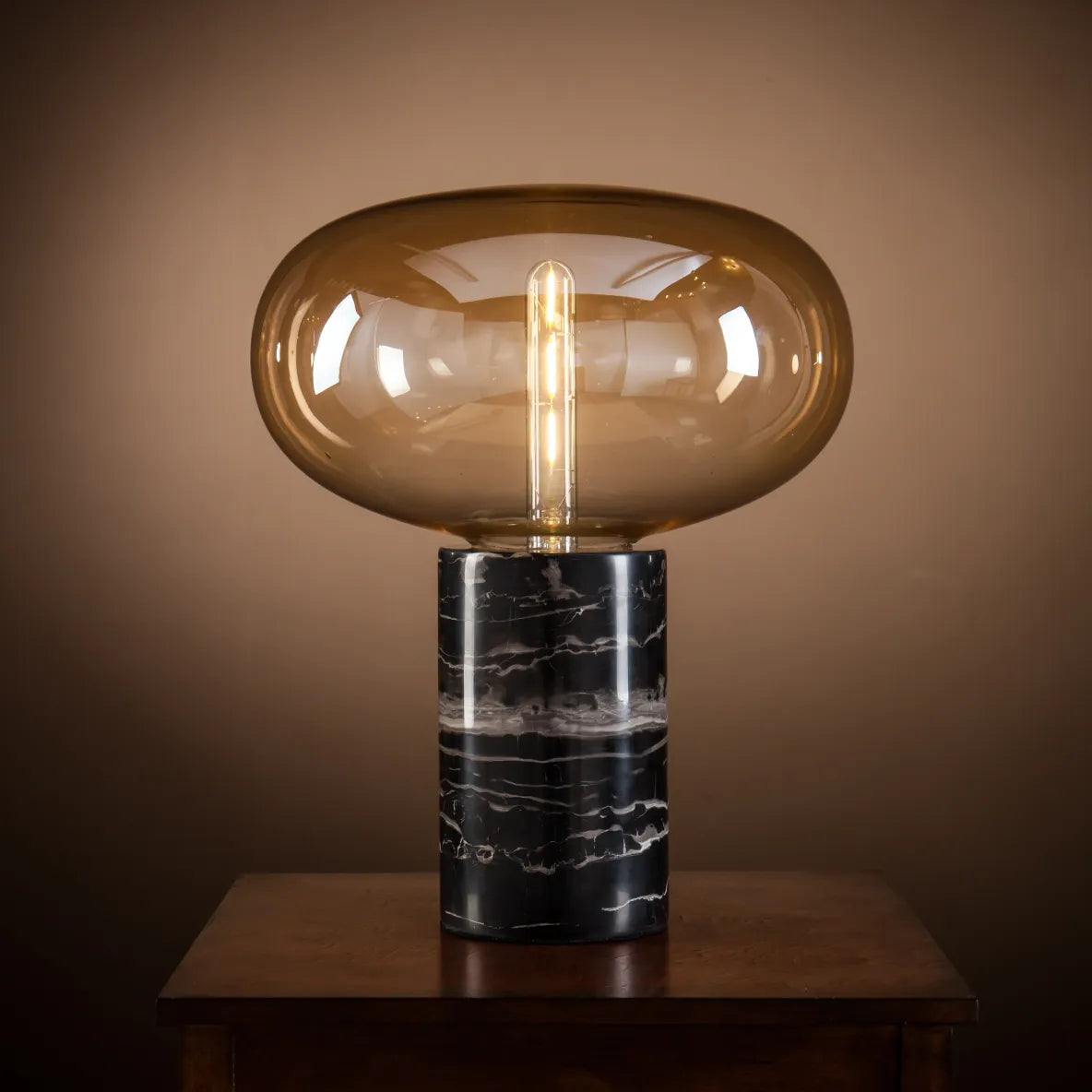 Large Marble Base Table Lamp With Amber Glass Shade